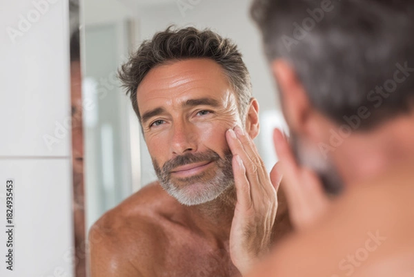 Obraz Man caring for his skin in a bright bathroom while looking in the mirror during morning routine