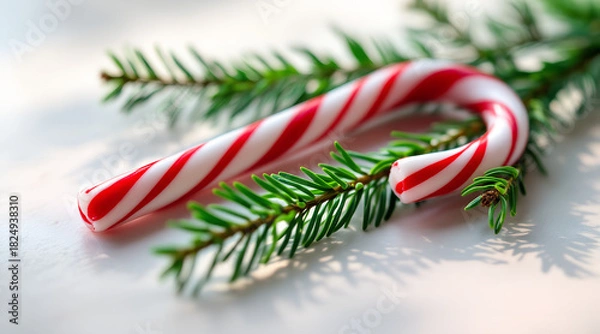 Fototapeta Close-up of a red and white candy cane resting on fresh green fir branches. Bright natural light creates a festive, cheerful holiday mood perfect for Christmas decoration and seasonal themes.