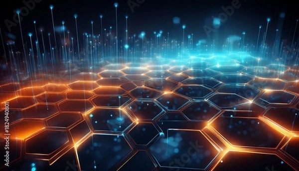 Fototapeta glowing hexagonal digital network with blue and orange light points on a dark background creating a futuristic and technological atmosphere