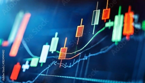 Obraz closeup of a financial stock market candlestick chart with uptrend and downtrend