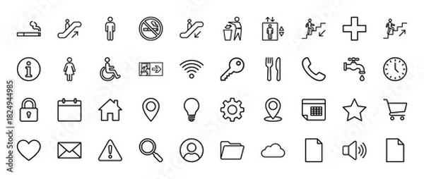 Fototapeta Universal navigation line icon set. Vector pictograms of elevator, calendar, wifi, phone, and location, thin linear illustration.