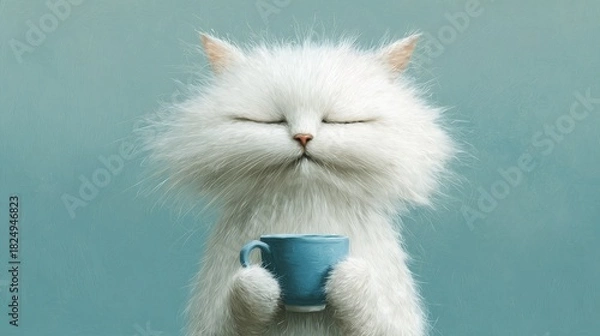 Obraz Cute fluffy white cat enjoying a peaceful moment with blue coffee