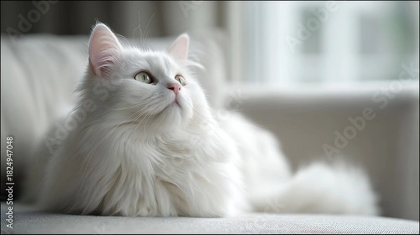 Obraz Elegant white cat lounges in soft light near window, looking upward