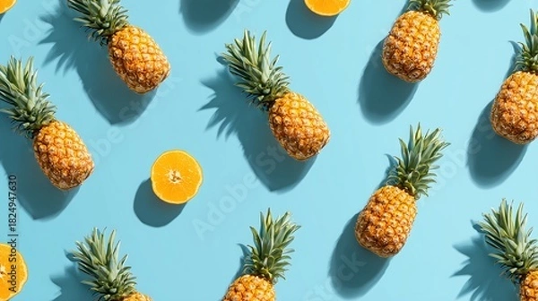 Fototapeta Bright summer vibes with pineapples and oranges on a blue surface