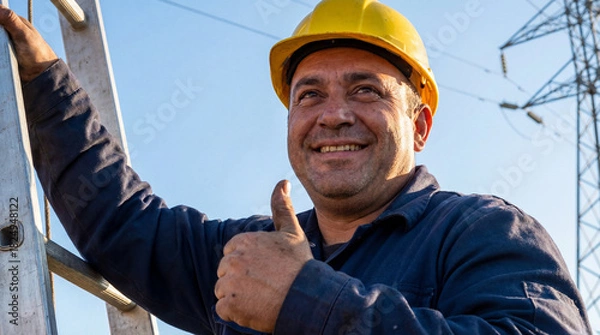 Fototapeta Smiling male utility worker wearing a blue uniform and yellow safety helmet giving a thumbs up while climbing a metal ladder near power lines against a blue sky.