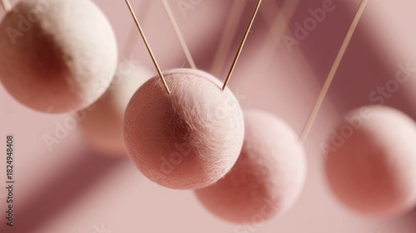 Fototapeta Newton's Cradle with pink felt balls suspended in minimalist style  