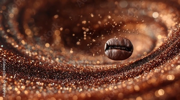 Fototapeta Elegant coffee bean floating in shimmering golden brown particles