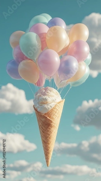 Fototapeta Dreamy ice cream cone floats away with pastel balloons in blue sky