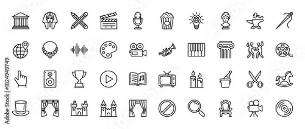 Fototapeta Arts and entertainment line icon set. Vector pictograms of cinema, music, performance, theater, and creative hobbies, thin linear illustration.