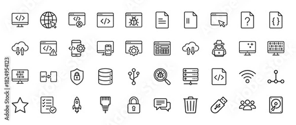 Obraz Software development line icon set. Vector pictograms of coding, cloud, database, server, bug, api, network security, usb and hardware, thin linear illustration.