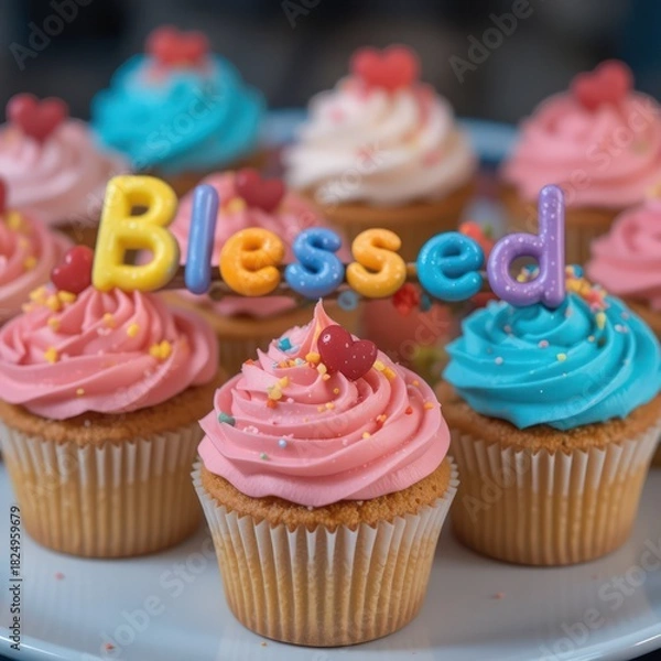Fototapeta Blessed text candles inserted in colorful frosted cupcakes arranged for celebration