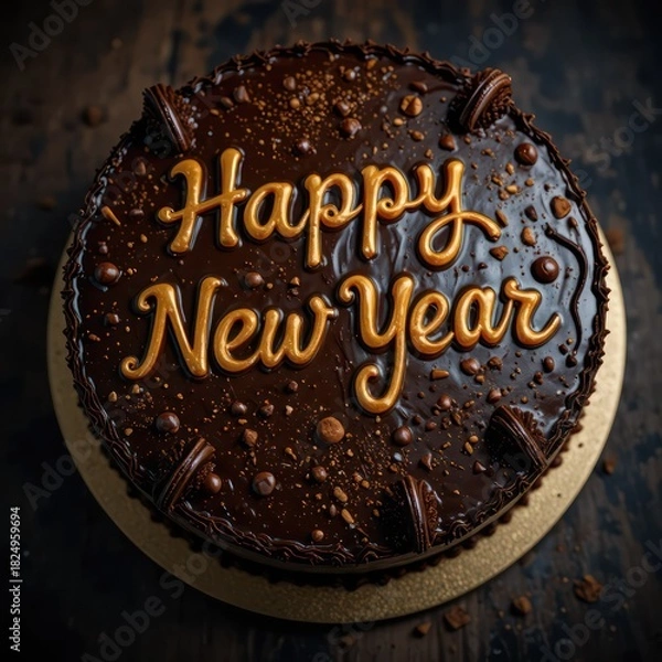Fototapeta Happy New Year message written on chocolate cake topped with golden sprinkles festive