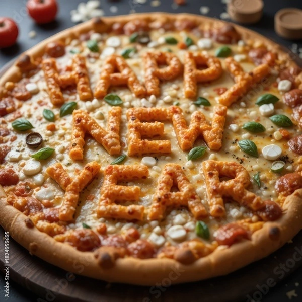 Fototapeta Happy New Year lettering baked onto pizza crust topped with vegetables and cheese