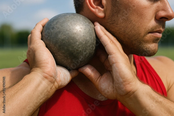 Fototapeta Poised for Power: A muscular athlete prepares to unleash a shot put, embodying strength, focus, and dedication in the realm of sports competition. 