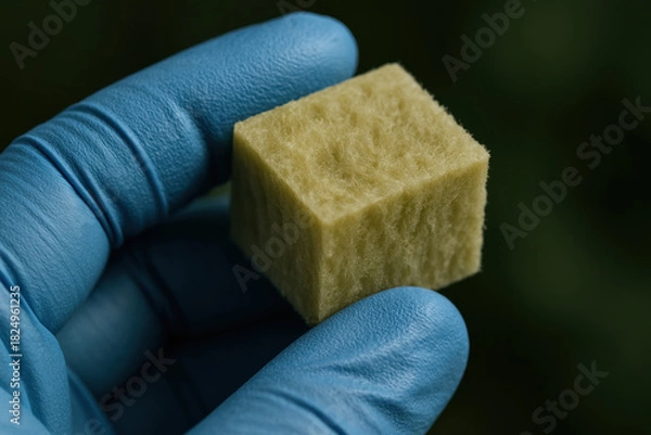 Fototapeta Rockwool Cube in Hand: A detailed view of a rockwool cube, held delicately in a gloved hand, showcasing its unique texture and shape, likely for use in hydroponics. 