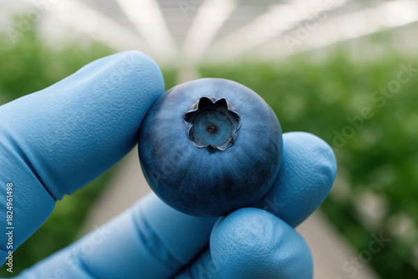 Fototapeta Blueberry close-up: A single, plump blueberry is held delicately in gloved fingers against a backdrop of indoor agriculture, showcasing its vibrant color and intricate texture.