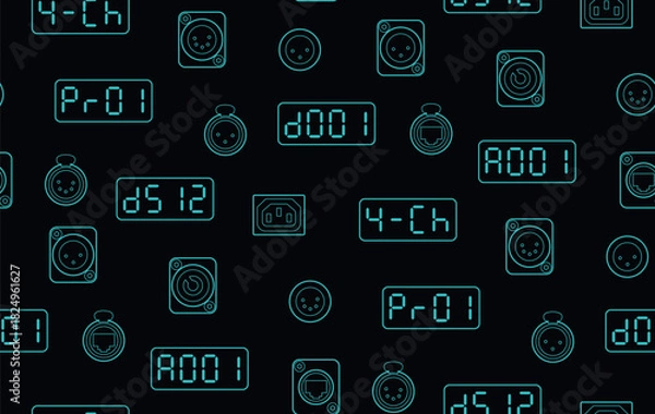 Fototapeta Seamless pattern of neon-style digital displays and connector icons, including DMX, XLR, power and Ethernet symbols, arranged on a dark background for tech or stage-lighting themes.