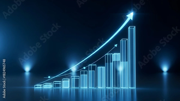 Fototapeta Abstract Blue Glowing 3D Bar Chart Displaying Business Growth and Financial Success with an Upward Rising Arrow, Representing Data Analysis and Market Progress