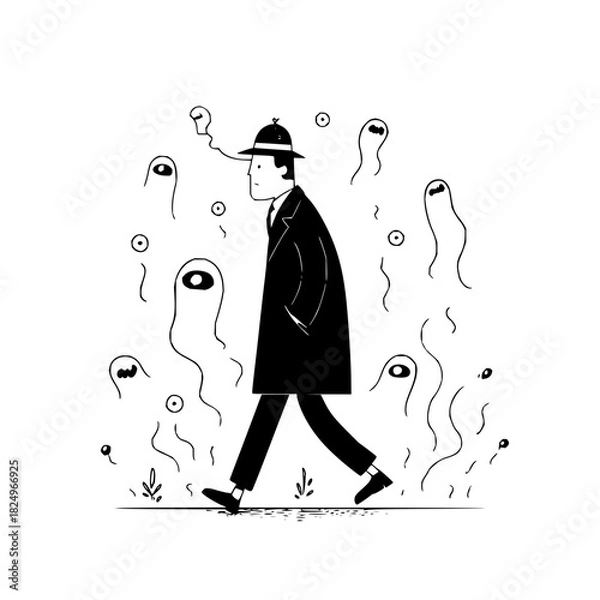 Fototapeta Man in trench coat and fedora walks with spirits, white