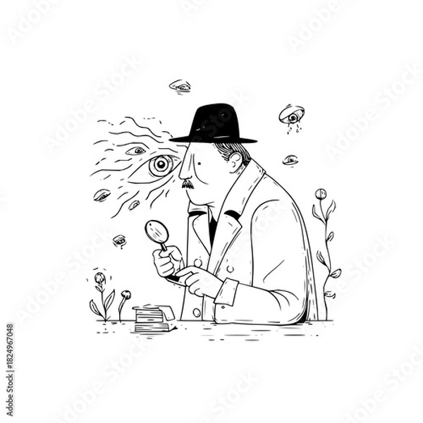 Fototapeta Detective with magnifying glass and mysterious eyes