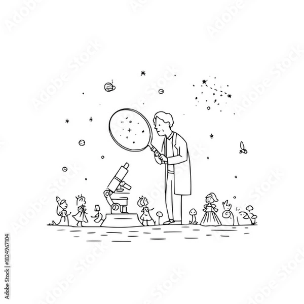 Fototapeta Scientist, children, and microscope exploring space, white