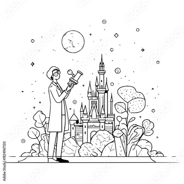Fototapeta Scientist with beaker in front of a magical castle under the moon and stars