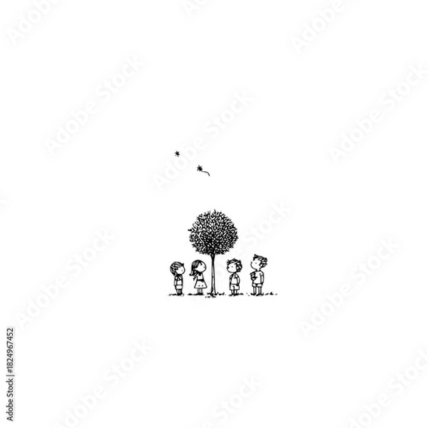 Fototapeta Children standing under a tree looking at a kite