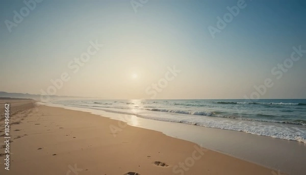 Fototapeta Minimalist beach at golden hour with gentle waves and clear skies. Concept of vacation on the seashore