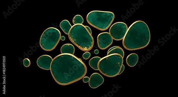 Fototapeta Elegant abstract composition of deep emerald green organic forms outlined in shimmering gold, suspended in a dark void, evoking luxury and mystery