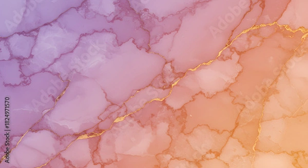 Fototapeta Abstract marble texture background with a beautiful gradient of soft purple, delicate pink, and warm orange hues, accented by shimmering golden veins