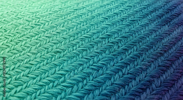 Fototapeta Vibrant knitted fabric texture with a smooth color gradient, transitioning from bright teal green to deep indigo blue, highlighting intricate stitches