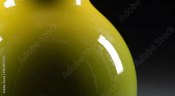 Fototapeta Vibrant yellowgreen glossy ceramic object, showcasing its smooth, reflective surface and elegant curve on a dark, minimalist background