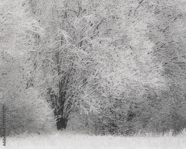 Fototapeta Large deciduous tree heavily covered in white frost or rime ice in a snowy field.
