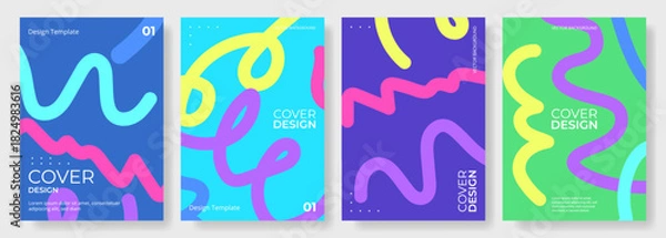 Obraz Set of four abstract vector posters with colorful hand drawn squiggles. Many-coloured vertical background design collection for cover, social media, poster, brochure, book, flyer, banner, presentation