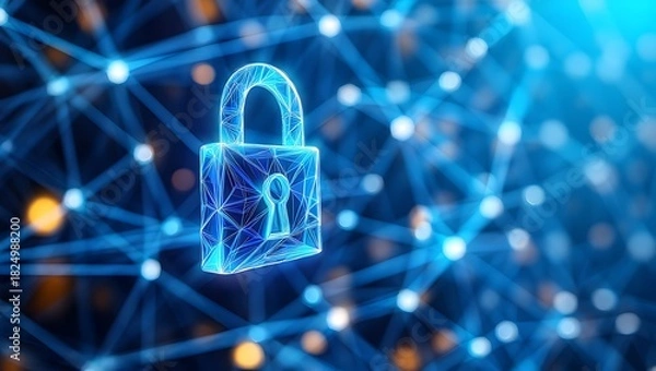 Obraz Abstract Digital Padlock Security Concept with Glowing Connection Network Background