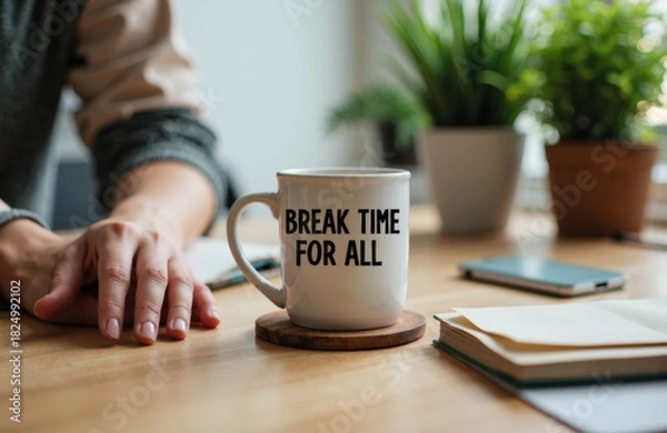 Fototapeta Mug on a desk invites a quick break during focused work at a modern office