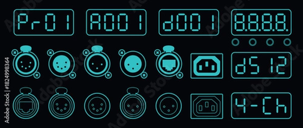 Fototapeta Blueprint-style UI icons set showing DMX displays, XLR and Ethernet connectors, power sockets, and control indicators in a neon-blue outline on a dark background.
