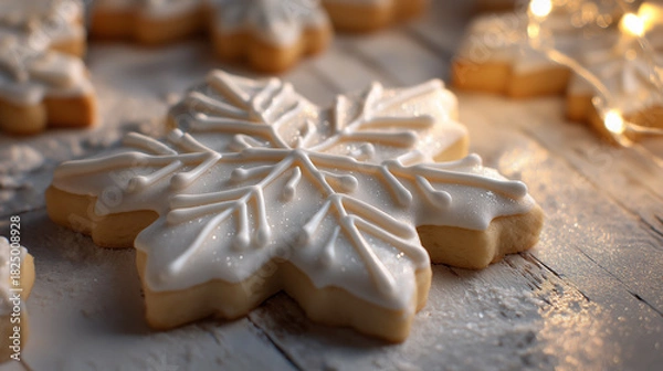 Obraz Close-up of festive snowflake cookie with white icing on wooden surface