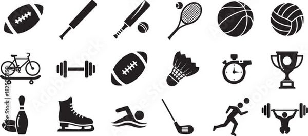 Obraz Sport icon vector set showing silhouette symbol of fitness activity equipment and ball for competition and recreation, concept of exercise athletic lifestyle and training