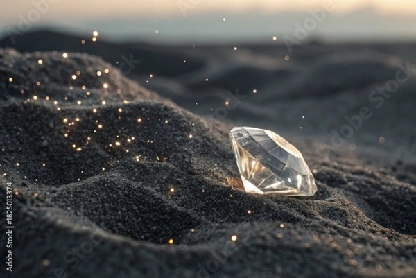 Fototapeta A sparkling diamond crystal shard resting on textured dark sand