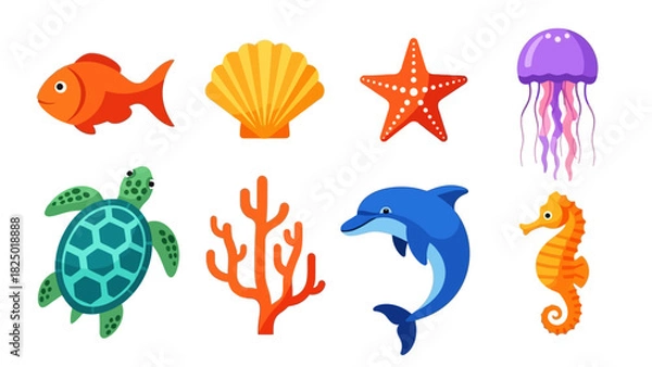 Obraz Vibrant cartoon illustrations of diverse ocean inhabitants, featuring a playful dolphin, graceful sea turtle, colorful jellyfish, and more, perfect for marine-themed designs