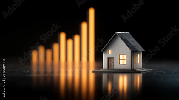 Fototapeta Miniature house model with glowing vertical bar chart representing rising real estate value and financial growth