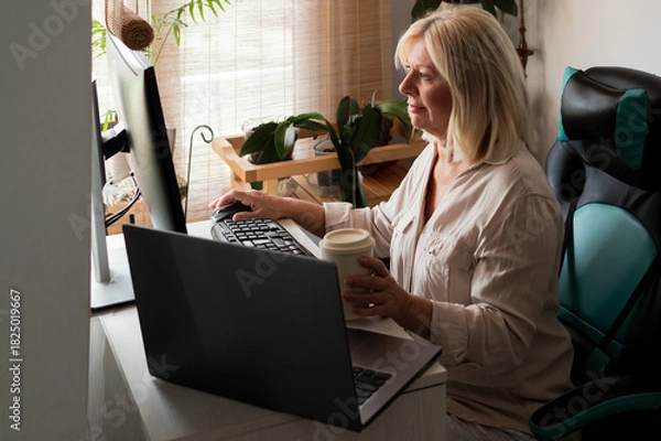 Fototapeta Senior woman working from home office using computer