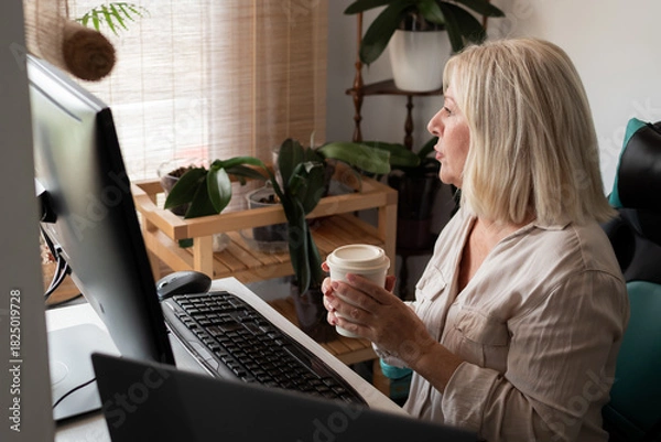 Fototapeta Senior woman working from home using computer drinking coffee