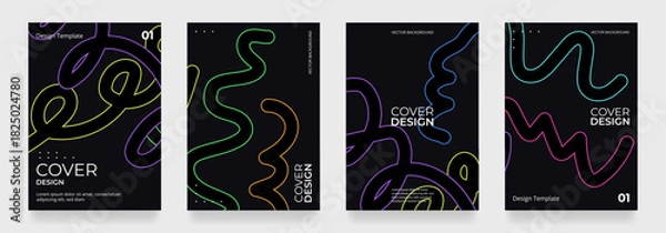 Fototapeta Black abstract background vector set with colorful hand drawn outline squiggles. Many-coloured posters design vector illustration