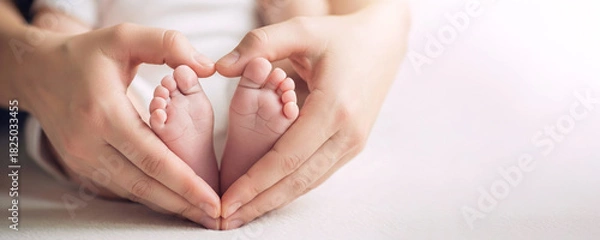 Fototapeta Clasped hands of a mother forming a heart shape around newborn baby's feet, as a symbol of love, care, tenderness, copy space