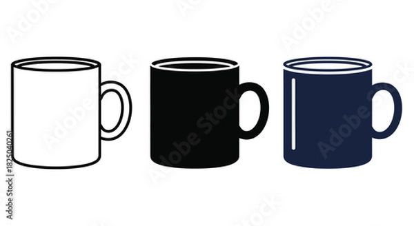 Fototapeta Three simple graphic icons of mugs in outline, black, and blue colors.