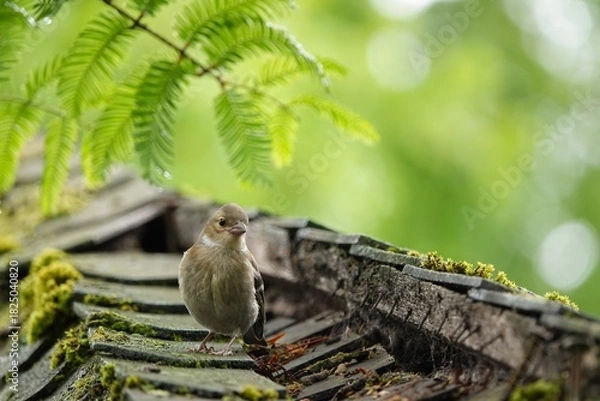 Fototapeta A small, cute chaffinch perches on a moss-covered roof, with lush greenery in the background and a sunny bokeh effect.