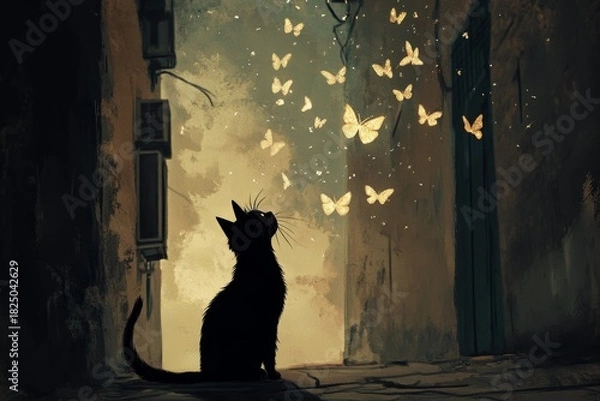 Fototapeta Enchanting black cat watching glowing butterflies in mysterious alley
