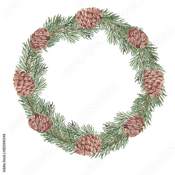 Fototapeta Watercolor fir, pine branches and cones wreath, circle frame. Hand drawn watercolor illustration of winter plant. Perfect for Christmas or New Year design, winter decoration, invitations, cards, and
